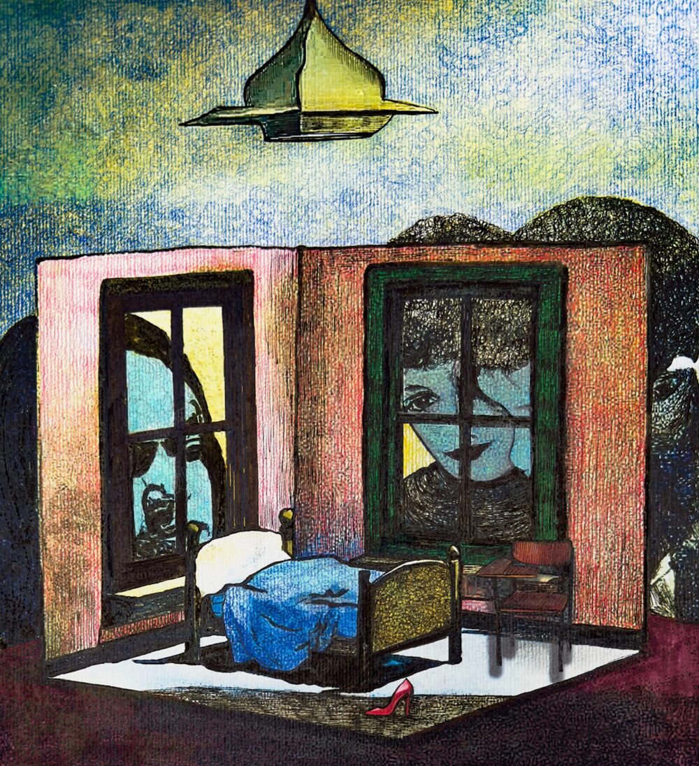 Arte do espetáculo: um quarto com cama azul e sapato vermelho, observado por rostos gigantes pelas janelas